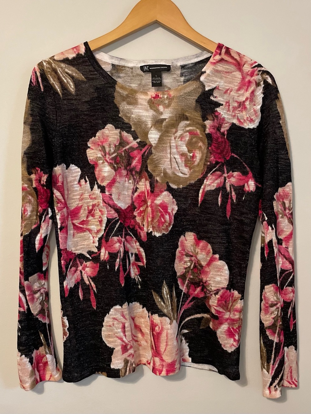 INC International Concepts Black Long-Sleeve Top with Pink Floral Print
